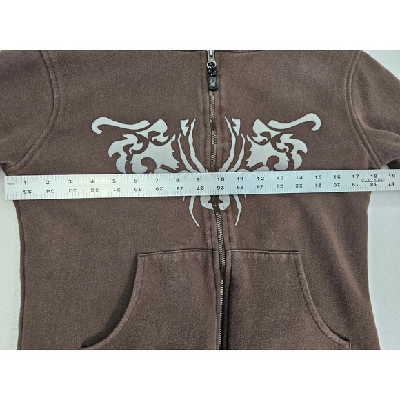 Spyder Womens Brown Zip Up Hoodie Graphic Spider Tribal Tattoo Size S Y2K - Picture 4 of 6
